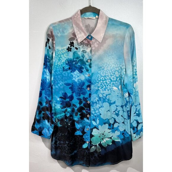 Soft Surroundings Jolene Silk Button Up Top Floral Blue Sz S Artsy Lightweight - Picture 1 of 8